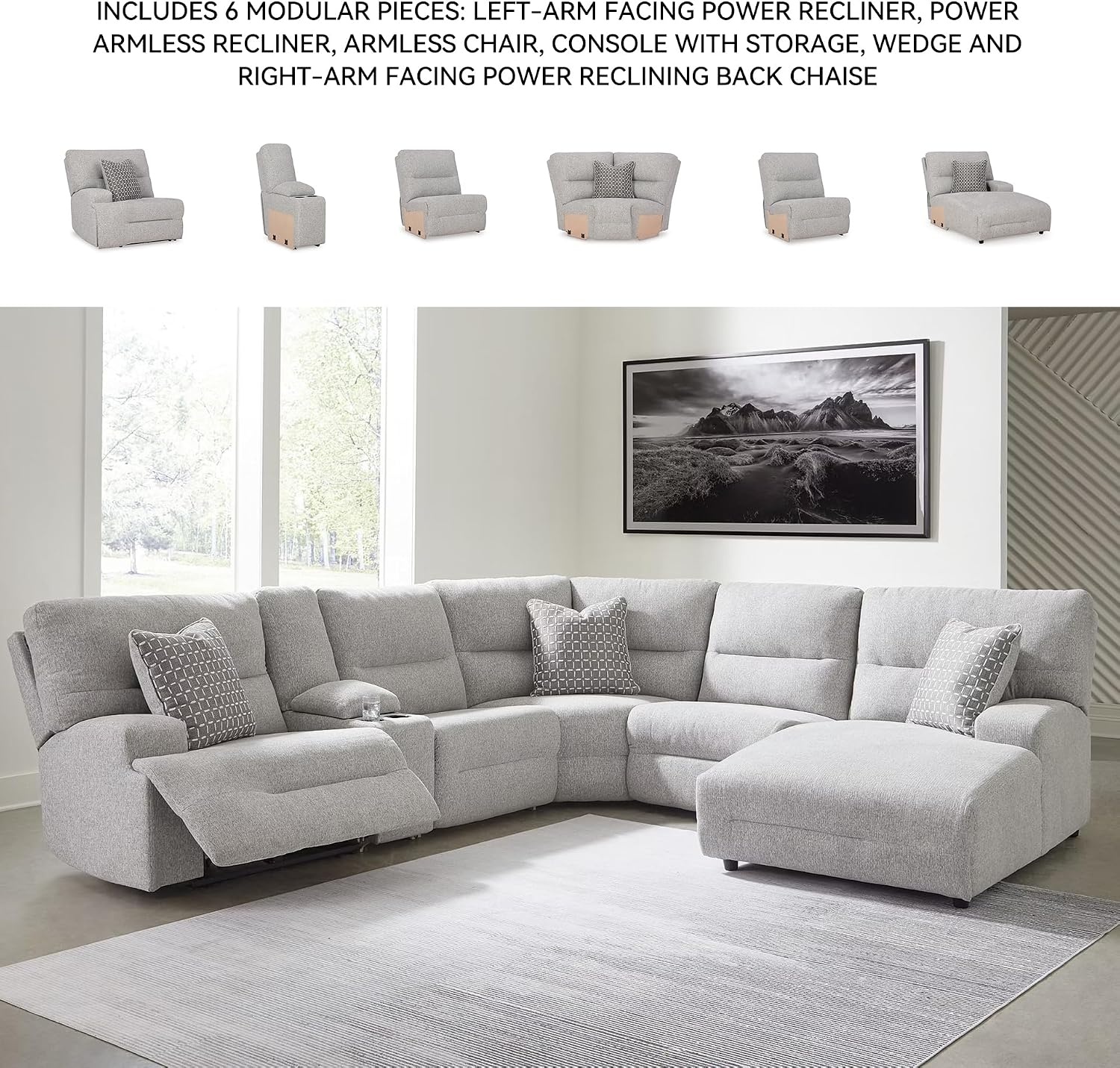 image:imageSignature Design by Ashley Acklen Place Stain Resistant Contemporary LeftArm Facing 3Piece Power Reclining Sectional Sofa with Chaise Adjustable Headrest USB PortsConsole and Cup Holders BluePewter