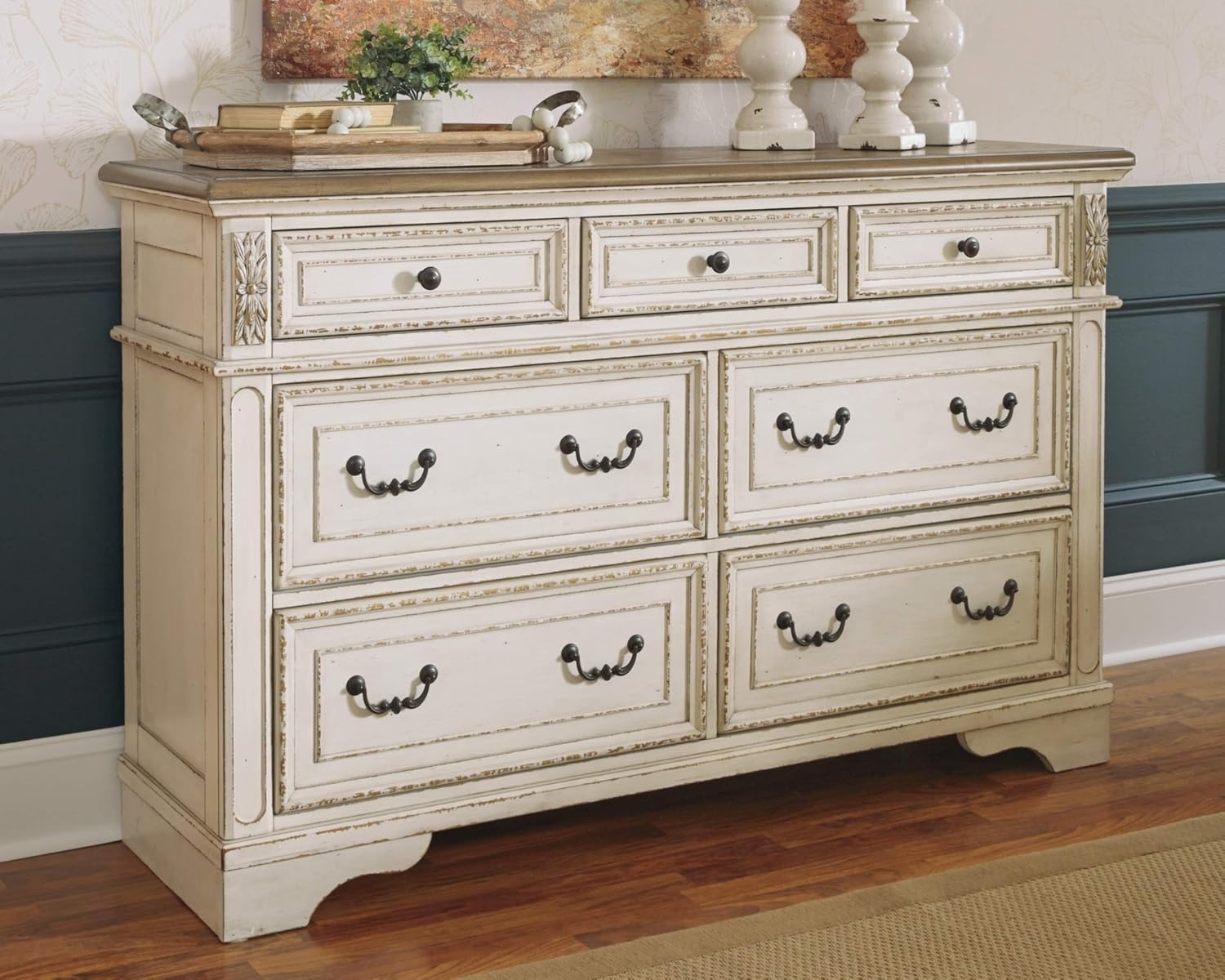 image:imageSignature Design by Ashley Realyn French Country 7 Drawer Two Tone Dresser Chipped White and Round End Table Bundle