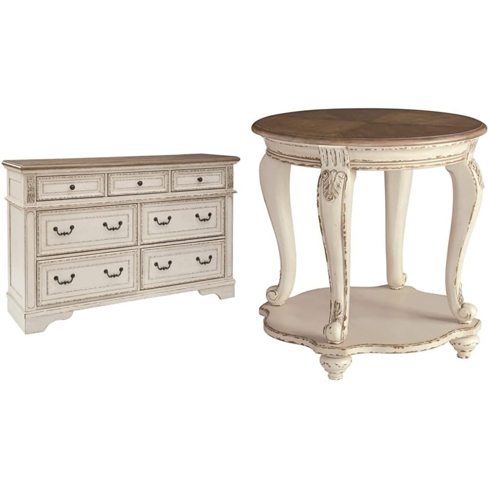 image:imageSignature Design by Ashley Realyn French Country 7 Drawer Two Tone Dresser Chipped White and Round End Table Bundle