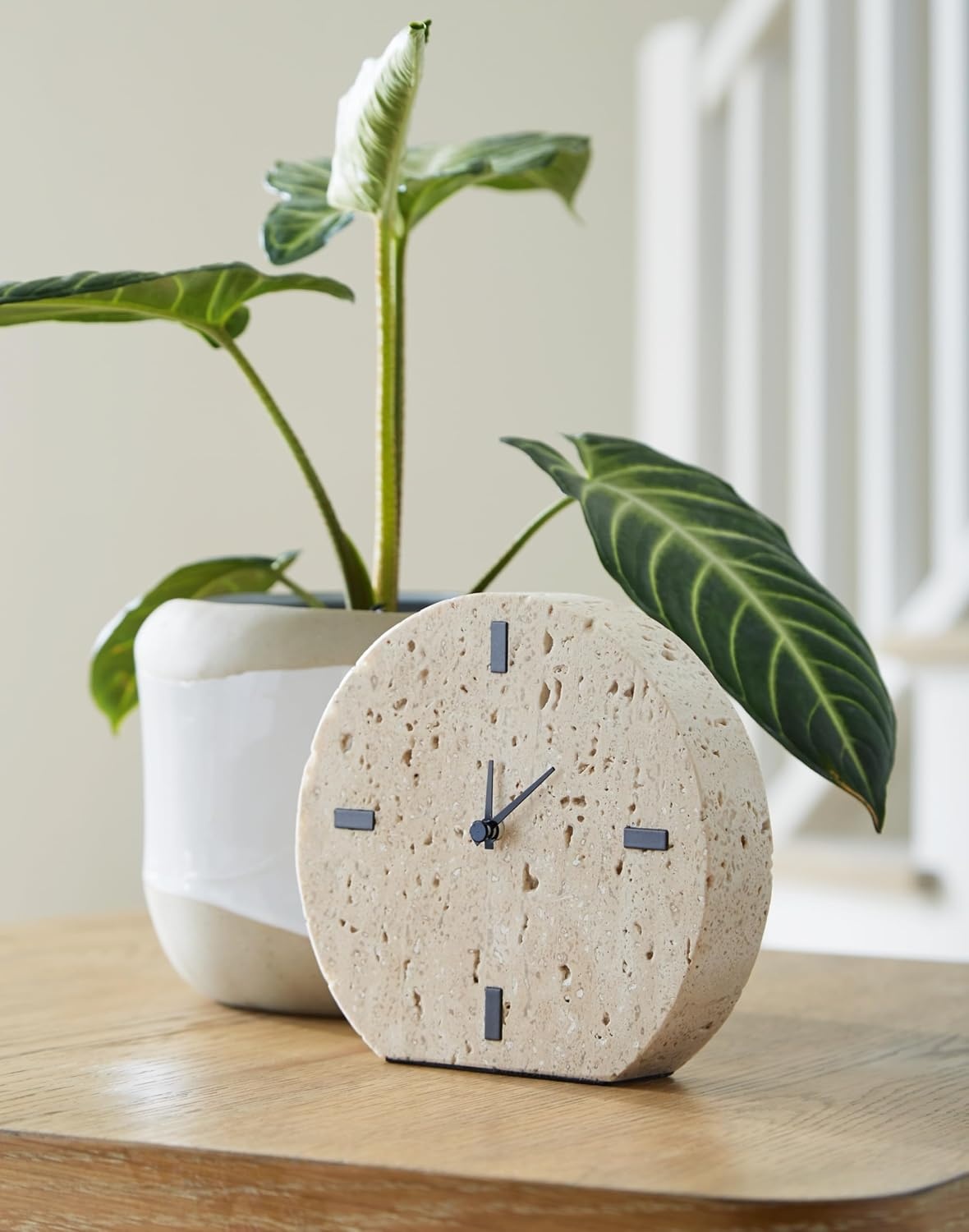 image:imageSignature Design by Ashley Donfordson Minimalist Travertine Analog Table Clock Set of 2 Beige amp Black