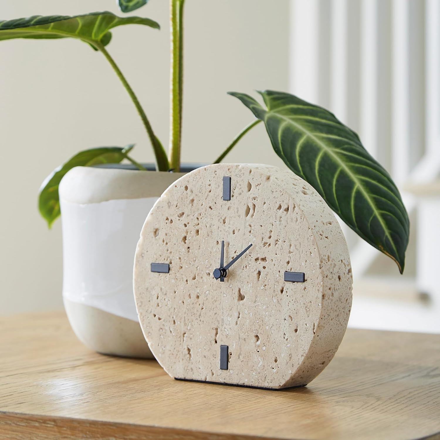 image:imageSignature Design by Ashley Donfordson Minimalist Travertine Analog Table Clock Set of 2 Beige amp Black