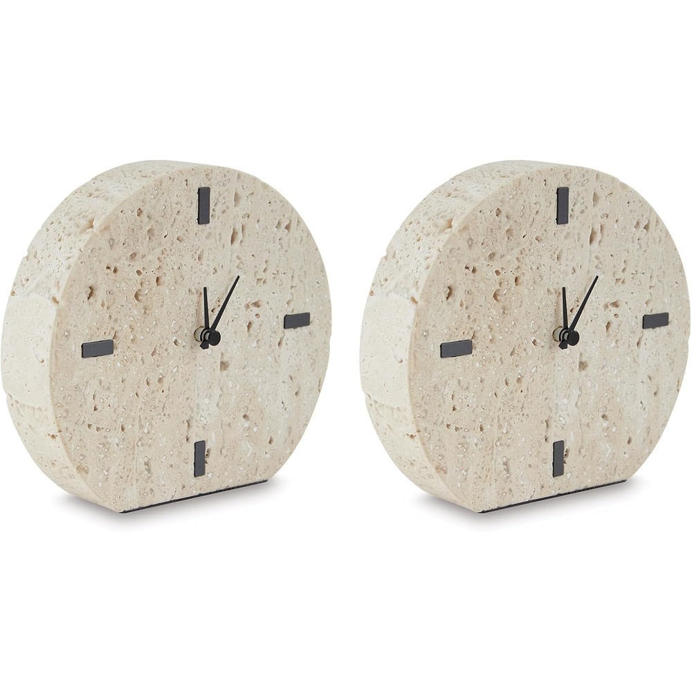 image:imageSignature Design by Ashley Donfordson Minimalist Travertine Analog Table Clock Set of 2 Beige amp Black