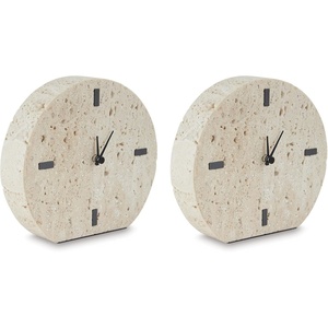 Signature Design by Ashley Donfordson Minimalist Travertine Analog Table Clock, Set of 2, Beige & Black